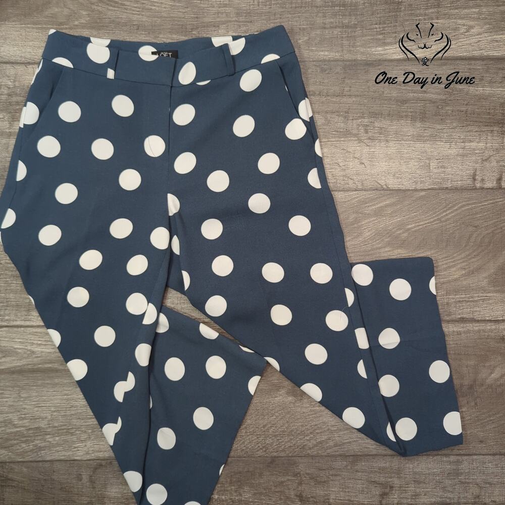 Loft Petite Marisa Skinny Crop Pants Navy White Polka Dot Size 4P